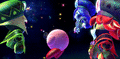 A Warp Star approaching Kirby & allies to take them back home