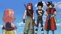 Chronoa, Super Saiyan God Xeno Trunks, Xeno Vegeta, and Xeno Goku after Xeno Vegito defuses following Mechikabura's defeat in the Super Dragon Ball Heroes anime