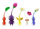 Artwork of the five types of Pikmin from Pikmin 2.