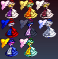 Yukari's alternate color palletes in Touhou Hisoutensoku. The second alt costume is based off her second color palette from Scarlet Weather Rhapsody and the third alt costume is based off her third color palette from Immaterial and Missing Power.
