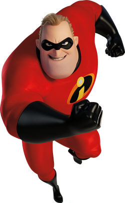 Mr. Incredible (Bob Parr), the muscular super-strong father with blonde hair, wearing his red superhero suit with black mask, gloves, and boots