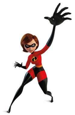 Elastigirl (Helen Parr), the mother with auburn hair in a stretching pose, wearing her red superhero suit with black mask and gloves