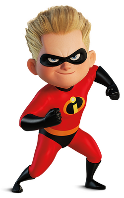 Dash Parr, the super-fast son with spiky blonde hair, wearing his red Incredibles superhero suit with black mask and gloves
