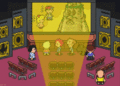 Paula and his companions as seen from the projector room in New Pork City in MOTHER 3.