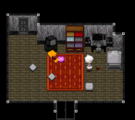 In-game screenshot of Sabitsuki's room with a large bloodstain on the floor.