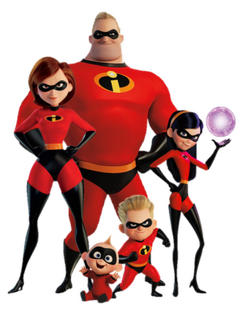The Incredibles family together in their red superhero suits with black masks and the iconic "i" logo - Mr. Incredible, Elastigirl, Violet, Dash, and baby Jack-Jack