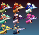 Meiling's alternate colors from Touhou Hisoutensoku. Middle top refers to her 2P palette from Immaterial and Missing Power.