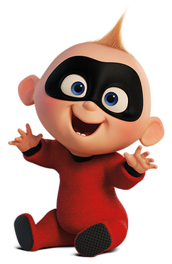 Jack-Jack Parr, the baby of the Incredibles family with blonde hair and blue eyes, wearing his red superhero suit with black mask