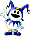 Jack Frost's edited artwork as it appears in Shin Megami Tensei IV. Using the Shin Megami Tensei: Devil Summoner" artwork as a base, it omits the smiley face and edits shading on his hat's yellow button.