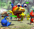 Pikmin fighting a Red Bulborb.