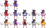 Reimu's different color palettes from Antinomy of Common Flowers,Urban Legend in Limbo, and Hopeless Masquerade, the first two color palettes are only seen in Hopeless Masquerade demo, and the last two were added in Antinomy of Common Flowers v1.10
