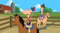Phineas and Ferb riding on ponies in The Magnificent Few