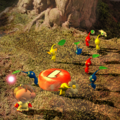 Pikmin follow Olimar (with a red Pellet) during sunset.