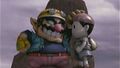 Wario holding Ness after having transformed him into a trophy using the dark cannon.