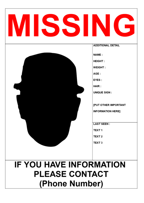 A missing poster, where the subject's current whereabouts and status are unknown
