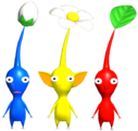 The three types of Pikmin from Pikmin.