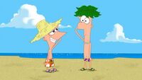 Phineas in a beach outfit in Lawn Gnome Beach Party of Terror