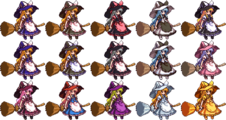 Marisa has a variety of color palettes across different fighting games. The first five palettes appear in Hopeless Masquerade. The sixth through thirteenth palettes are available in both Urban Legend in Limbo and Antinomy of Common Flowers. The final two palettes were introduced with version 1.10 of Antinomy of Common Flowers.