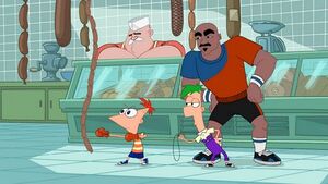 Phineas punching a string of sausages.jpg