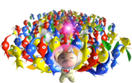 Artwork of Olimar and his army of Pikmin.