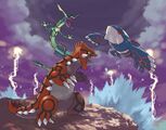 Groudon, Kyogre and Rayquaza, in Official Art from Pokemon Emerald